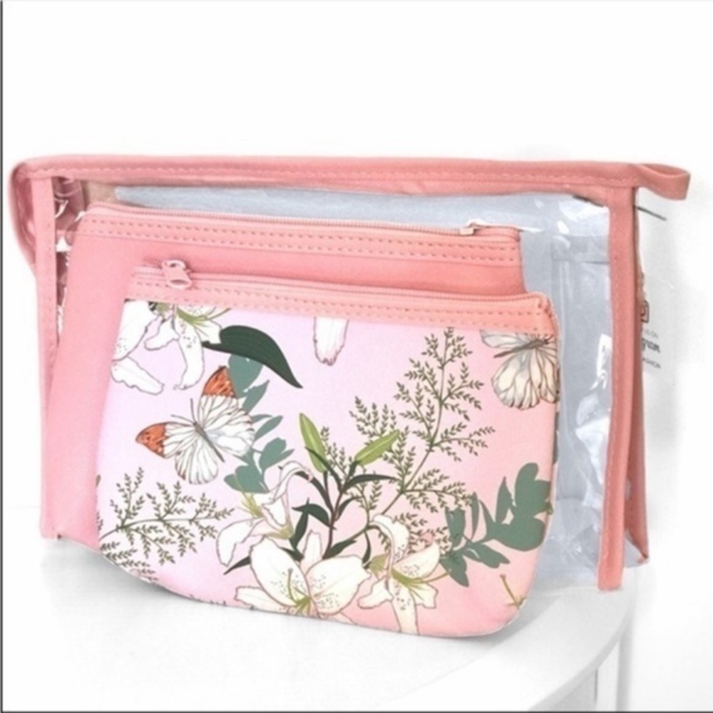 3 Piece Makeup Cosmetic Floral Butterfly Bag Set Pink